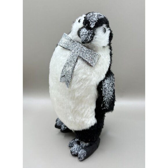 Glittery Penguin Christmas Figurine Silver Bow Tie - Picture 4 of 8